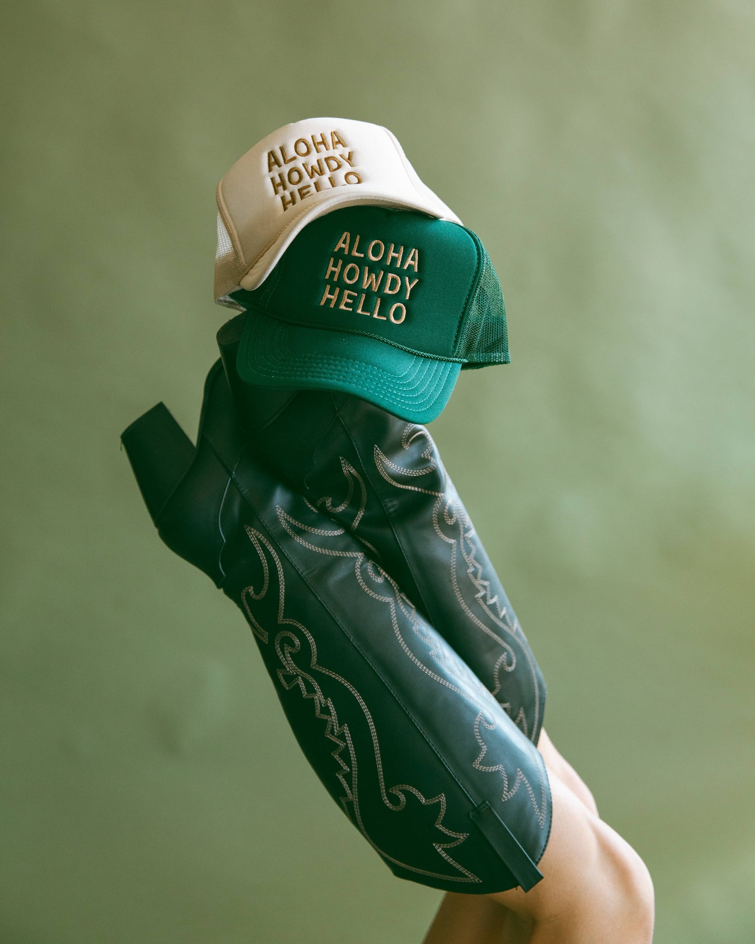 Aloha Howdy Hello Trucker hats: Green