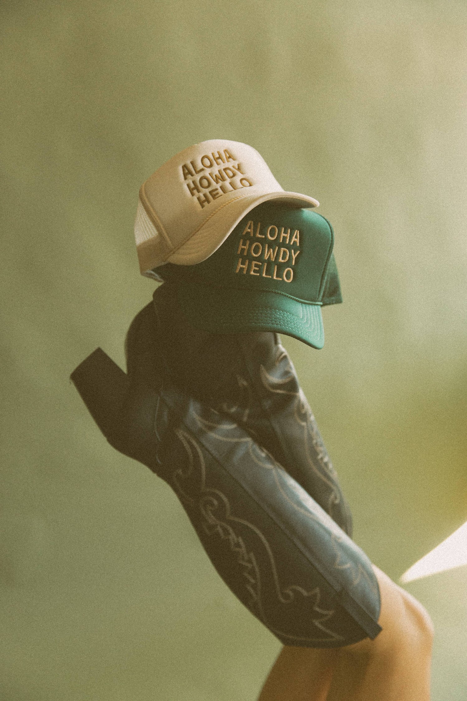 Aloha Howdy Hello Trucker hats: Green