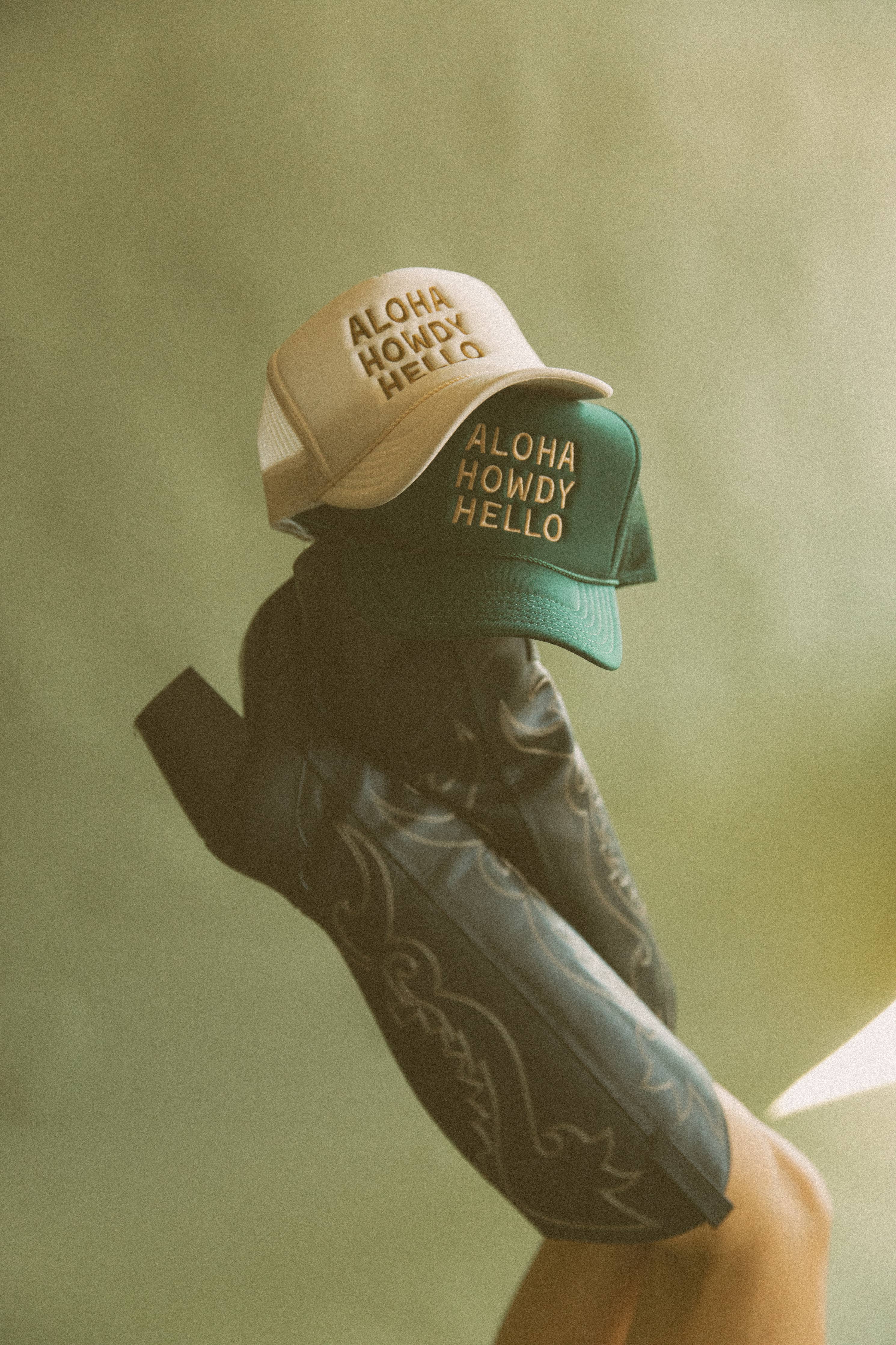 Aloha Howdy Hello Trucker hats: Green