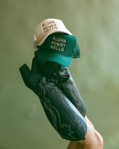 Aloha Howdy Hello Trucker hats: Green