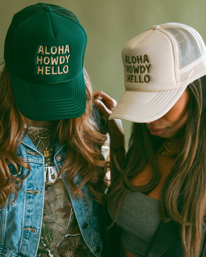 Aloha Howdy Hello Trucker hats: Green