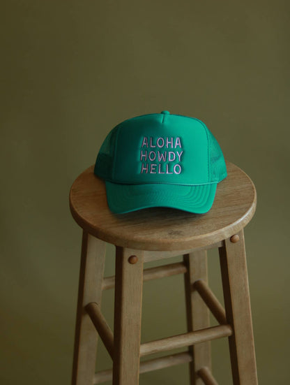 Aloha Howdy Hello Trucker hats: Green